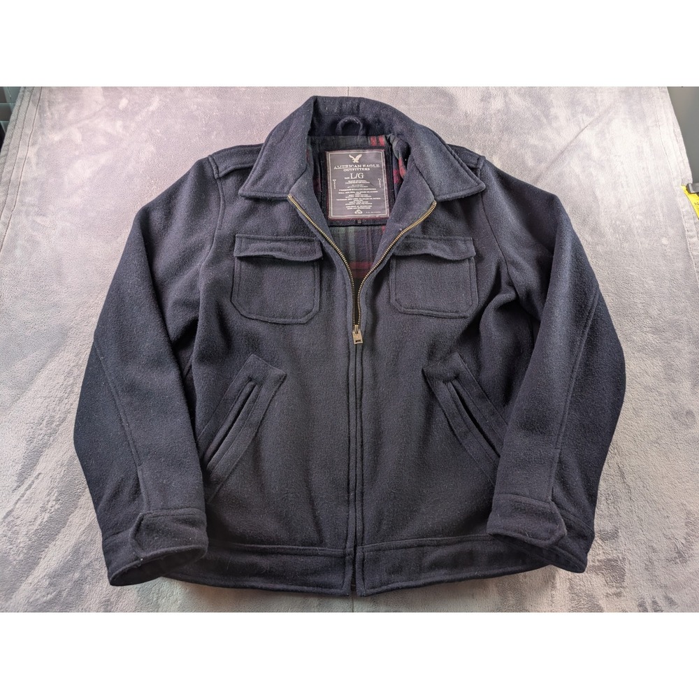 American Eagle Outfitters Mens Wool Blend Zip Jacket Navy Blue Plaid Lined L
